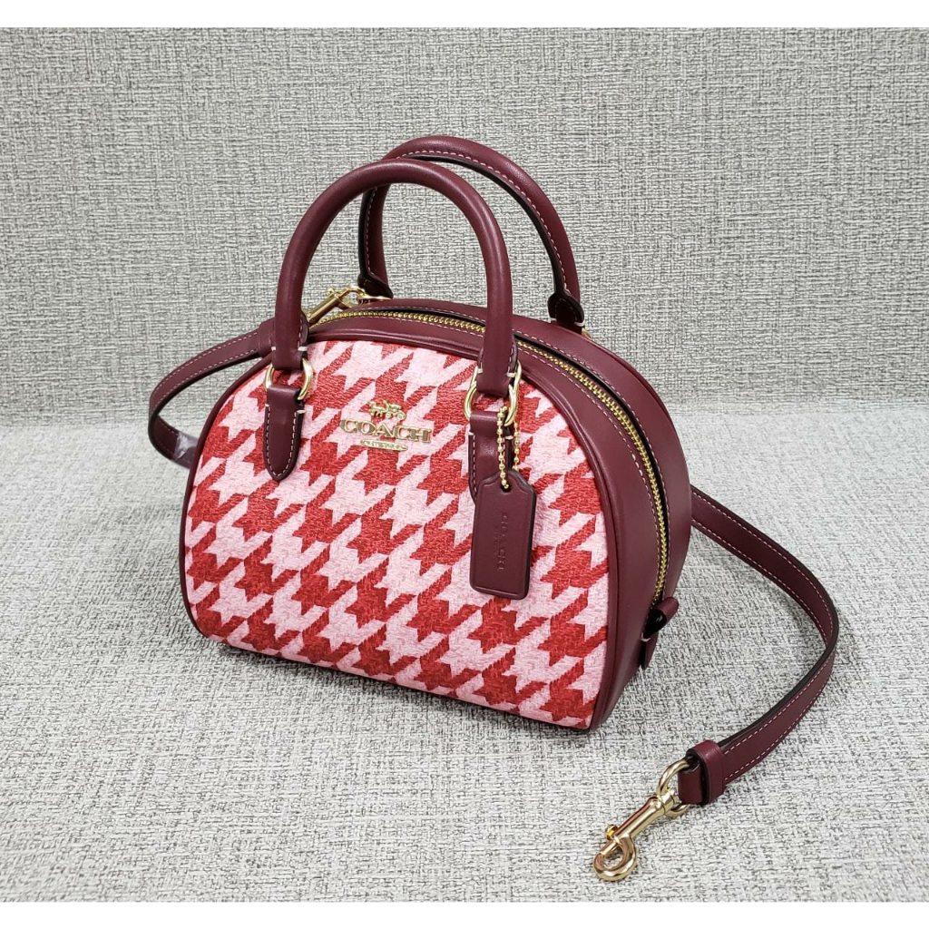 tas branded Sydney Satchel With Houndstooth Print pnk red, cream black