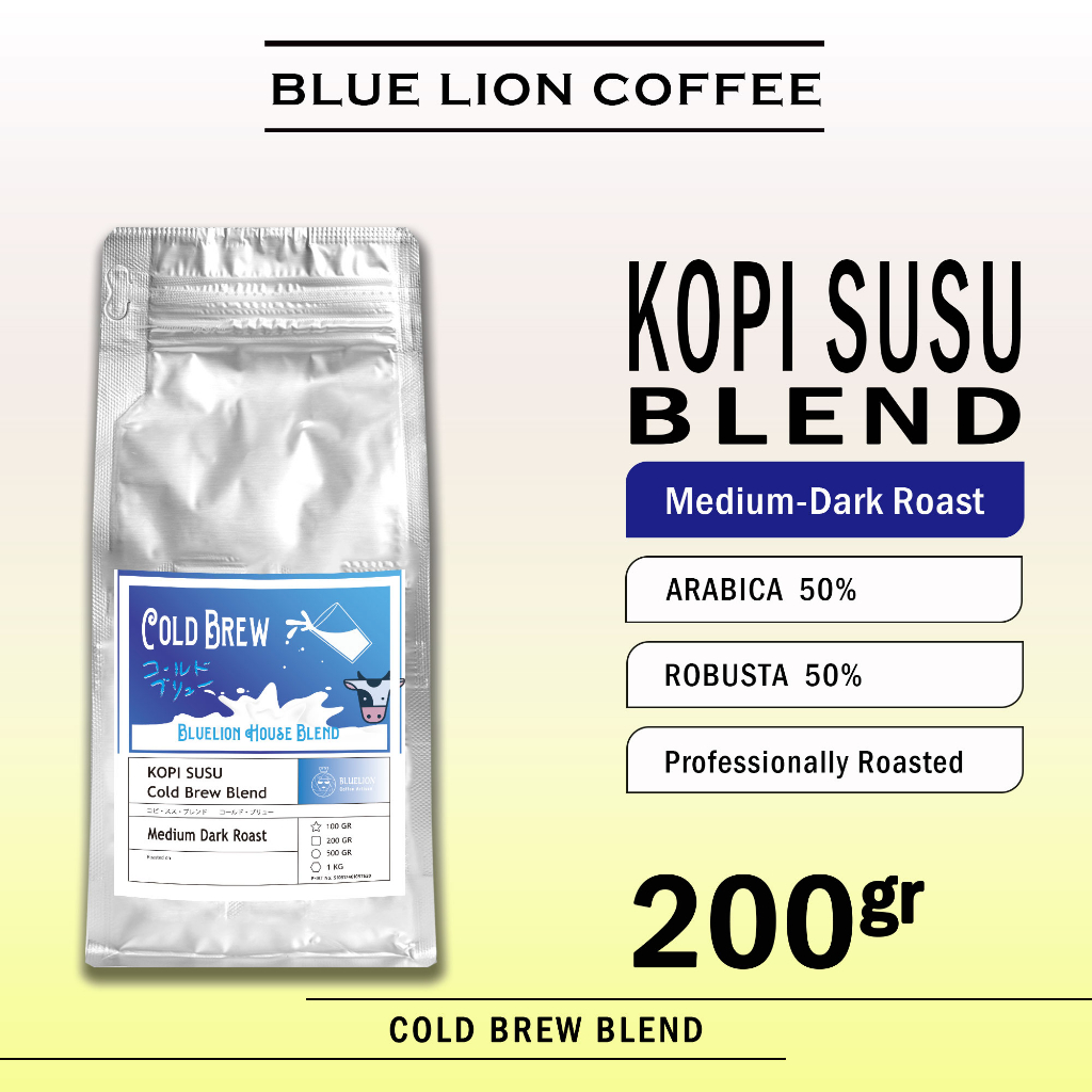 

Cold Brew Kopi Susu Blend 200 gram Medium Dark Roast Biji Kopi Bubuk 50 Robusta 50 Arabica Blue Lion Coffee