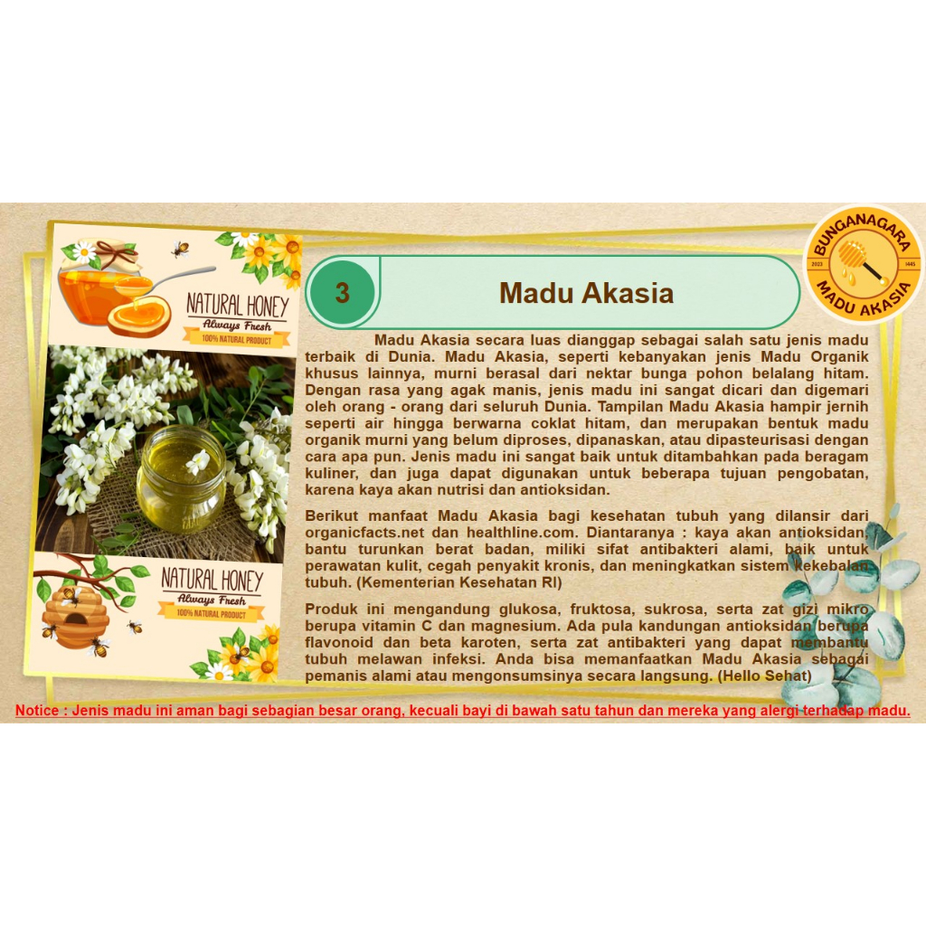

MADU AKASIA ASLI HUTAN ALAM INDONESIA 300 ML BUNGANAGARA PURE HONEY