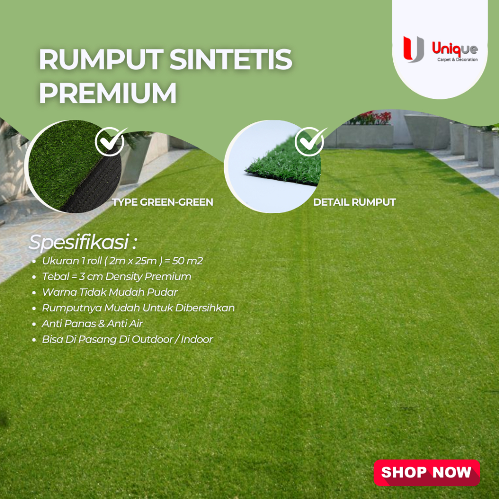 Rumput Sintetis Premium/ Rumput Hias Warna Hijau / Rumput kering Tinggi 3 cm