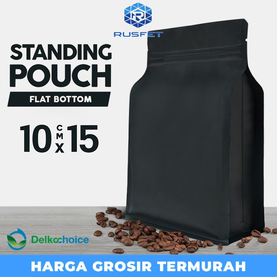 STANDING POUCH ZIPLOCK METALIZE HITAM FLAT BOTTOM DELKOCHOICE 10X15