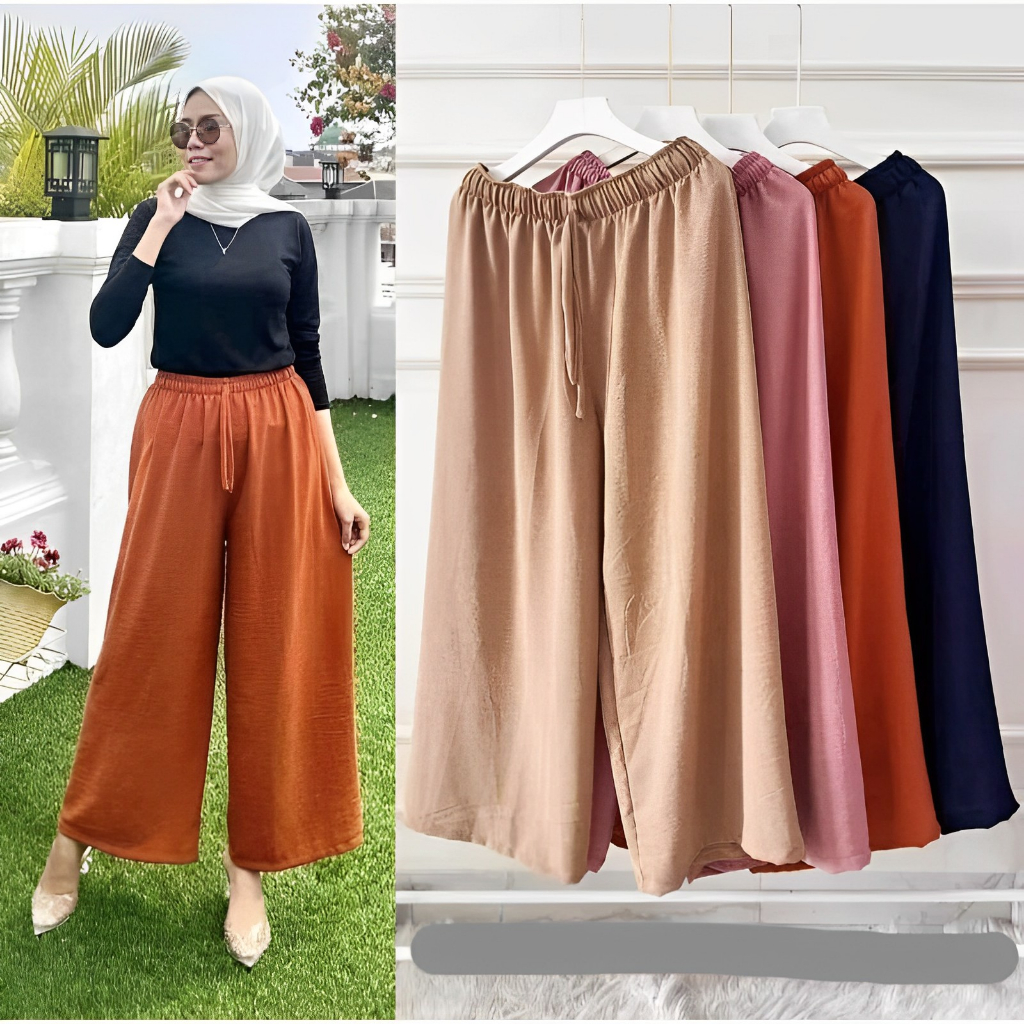 Celana Kulot Crinkle Airtuflow Premium Pinggang Tali Warna Hitam/Celana Kulot Hits Kekinian