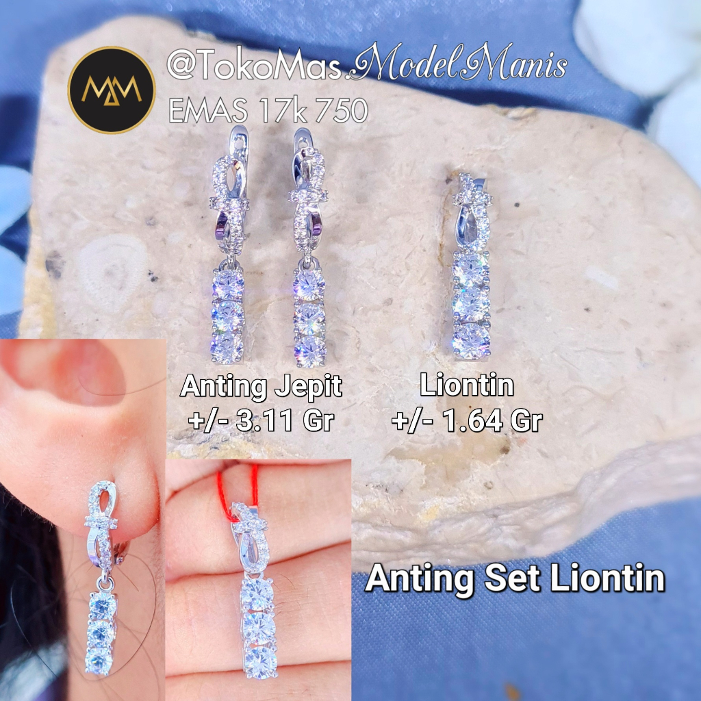 Anting Set Liontin 3 Susun Love Emas Putih 750 kadar 17k