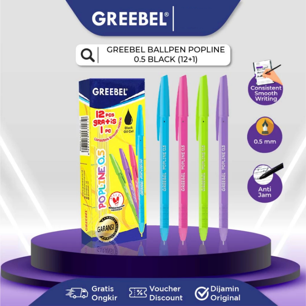 

Pulpen GREEBEL Popline 0.5 mm Tinta Hitam Isi 12 pcs