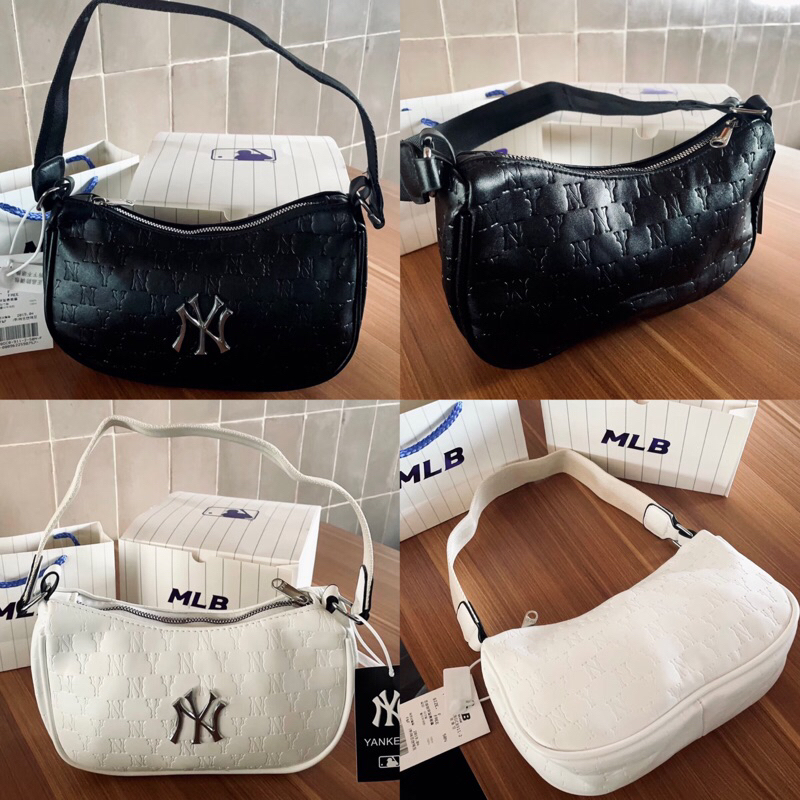 TAS BAHU SHOULDER BAG MLB NY MONOGRAM HOBO LEATHER BLACK AND WHITE