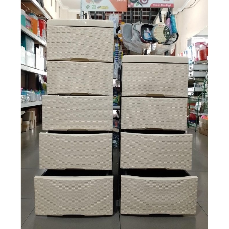 Lemari PLastik Laci Aquose Hoky motif rotan susun 5 dan 4