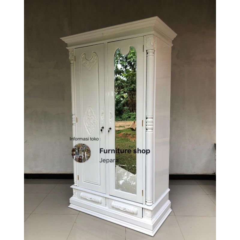 lemari pakaian 2 pintu kayu jati duco putih, almari pakaian 2 pintu jati Duco putih
