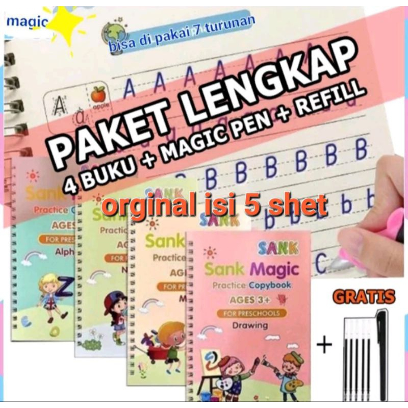 

SANK Magic Practice Book 1 SET ISI 4 BUKU + PULPEN / Buku Sank Book Magic Sank Magic book 1 Set isi 4 Buku + pulpen / Sank Magic Practice 1 Set Isi 4 Buku + Pulpen/Set Buku Ajaib/ Buku sank anak magic isi 4 pcs buku Free 1 set refiel pulpen 5in1 / 1 kema