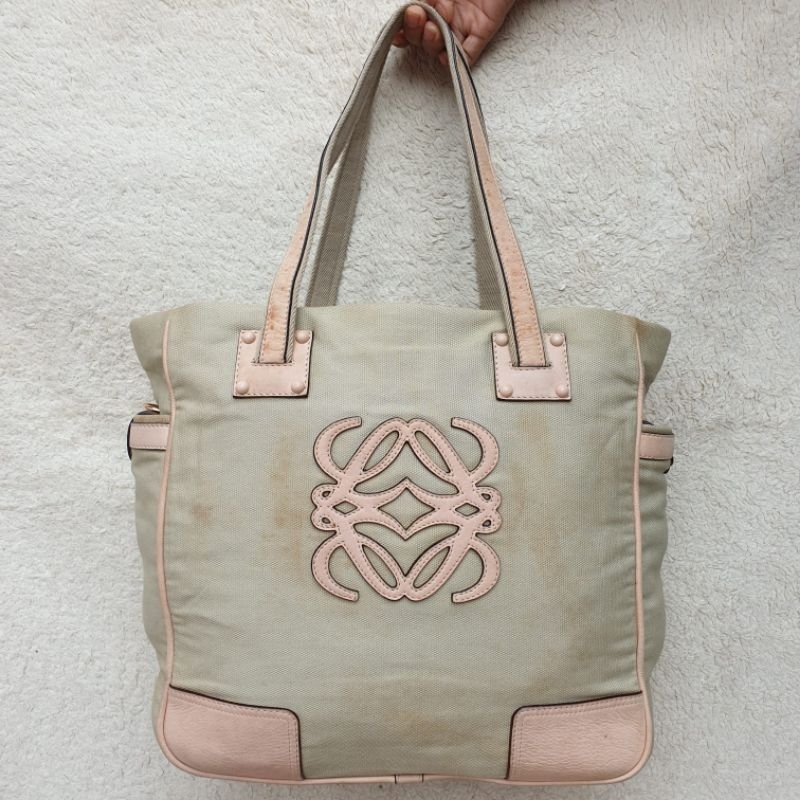 Loewe Tote Bag Wanita Kanvas Mix Kulit Asli