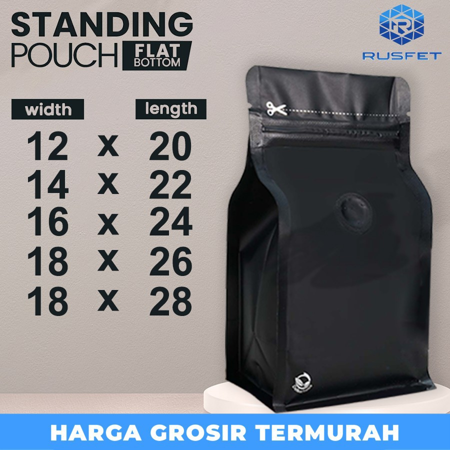 STANDING POUCH FLAT BOTTOM HITAM + VALVE | BUNGKUS KOPI - KEMASAN KOPI