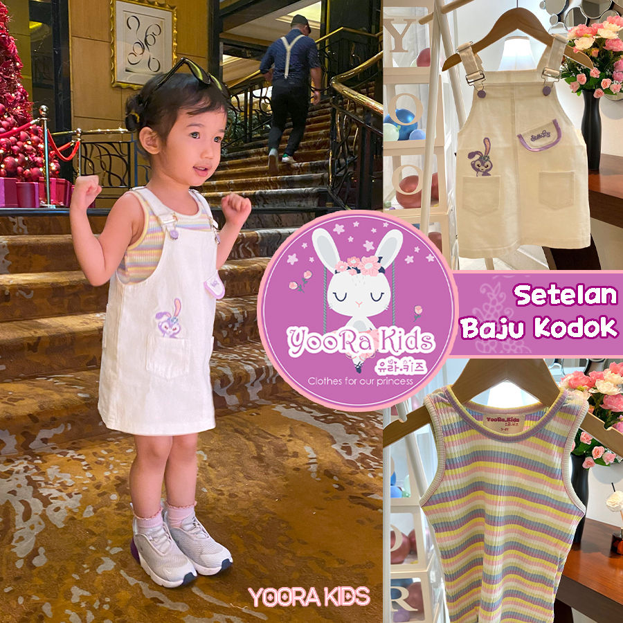 Yoorakids setelan baju kodok anak perempuan import kaos jeans bordir katun putih premium quality