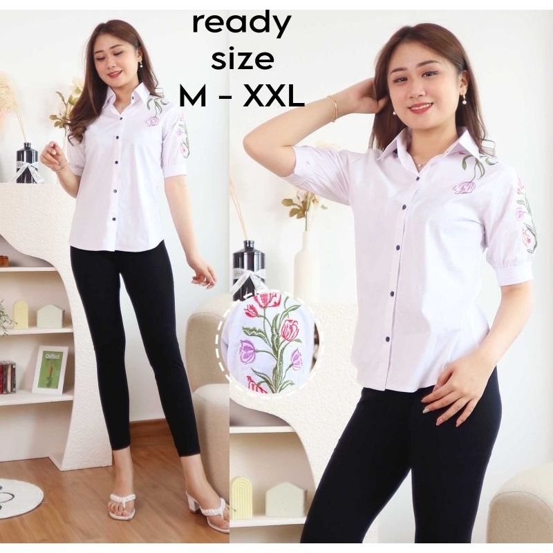 Blouse Katun Bordir Putih Kemeja Putih Lengan Pendek Bordir Atasan Putih Wanita Katun Stretch