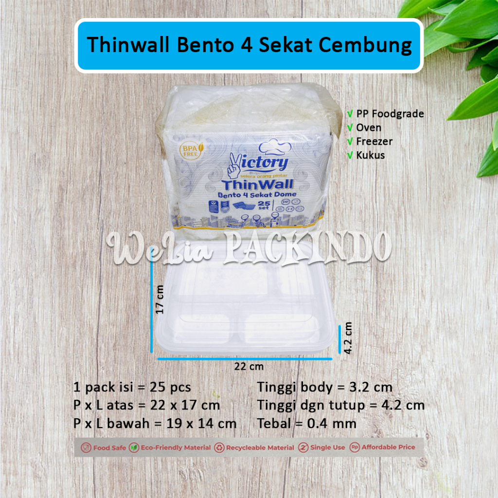 Thinwall Bento 4 Sekat Dome & Flat Victory / Food Container / Kotak Bekal Sekat 4 Cembung Rata Datar