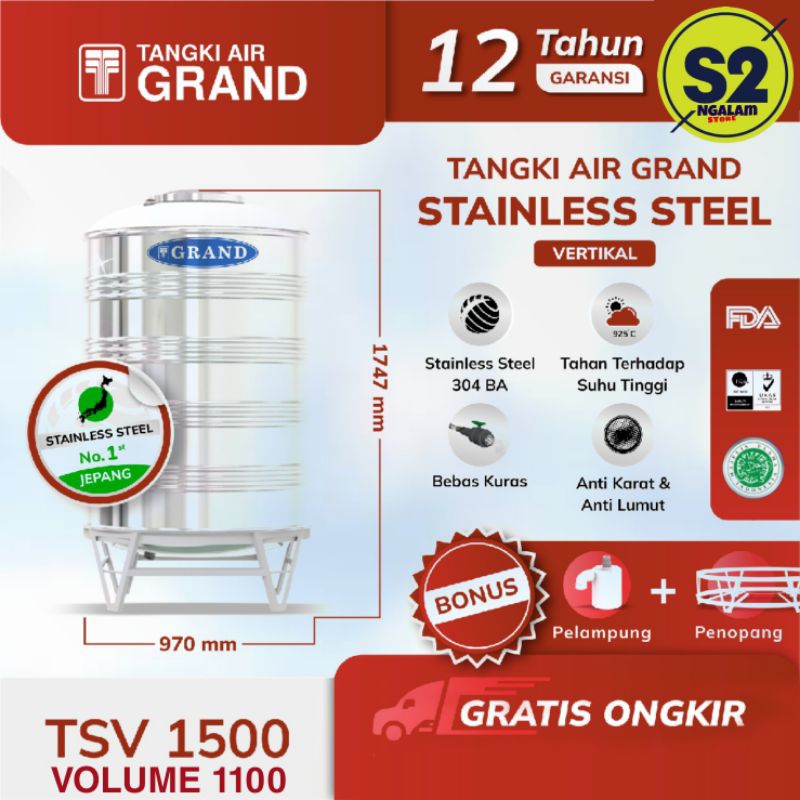 Tandon Tangki Toren Air Stainless Grand TSV 1500 Volume 1100 Liter