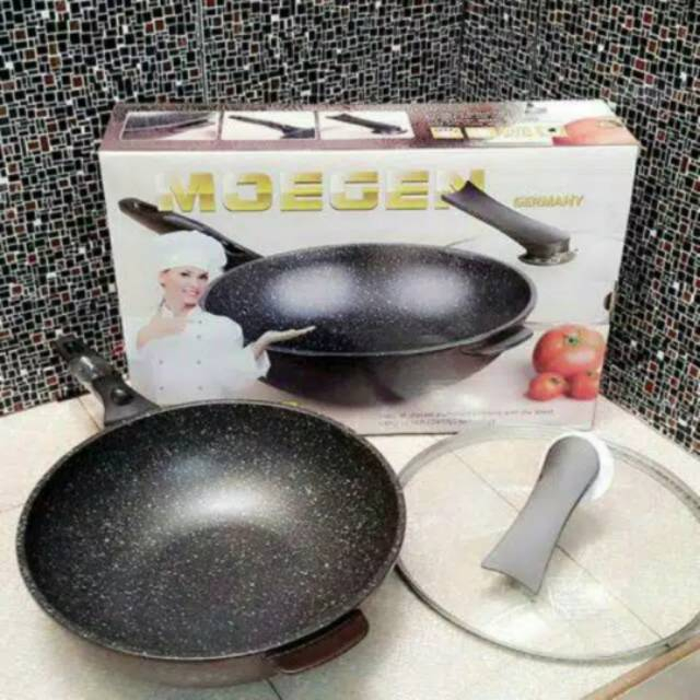 Moegen panci wok pan/ wok pan Germany 30 c+ tutup kaca teflon anti lengket wok pan panci