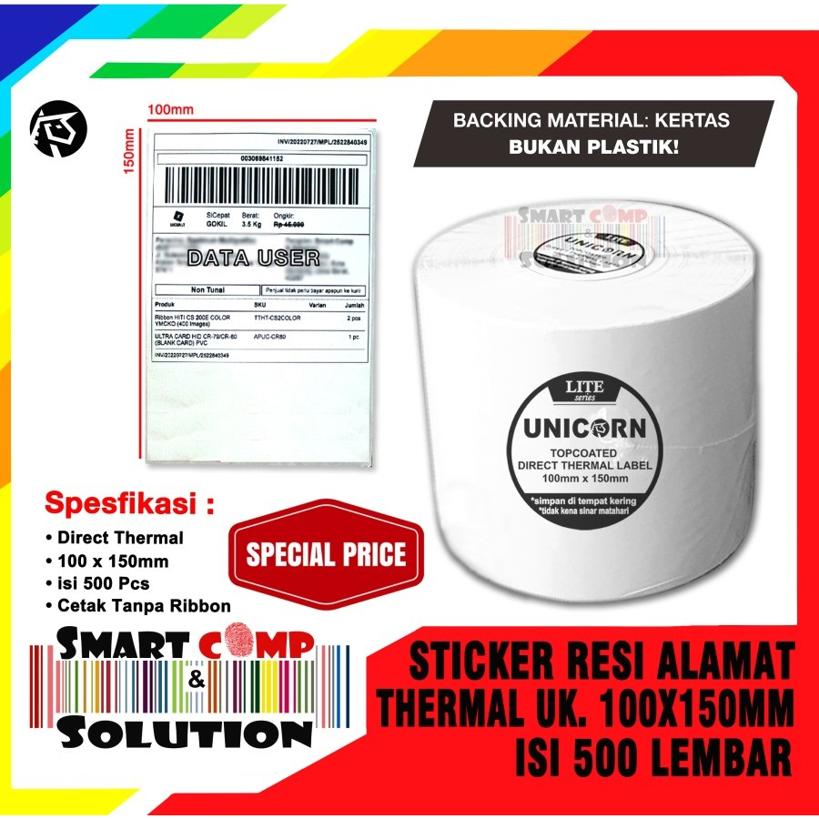 

Stiker Label Thermal Resi Alamat Market Place 100x150mm / 100x150 / 10x15 / A6 AWB Unicorn Lite