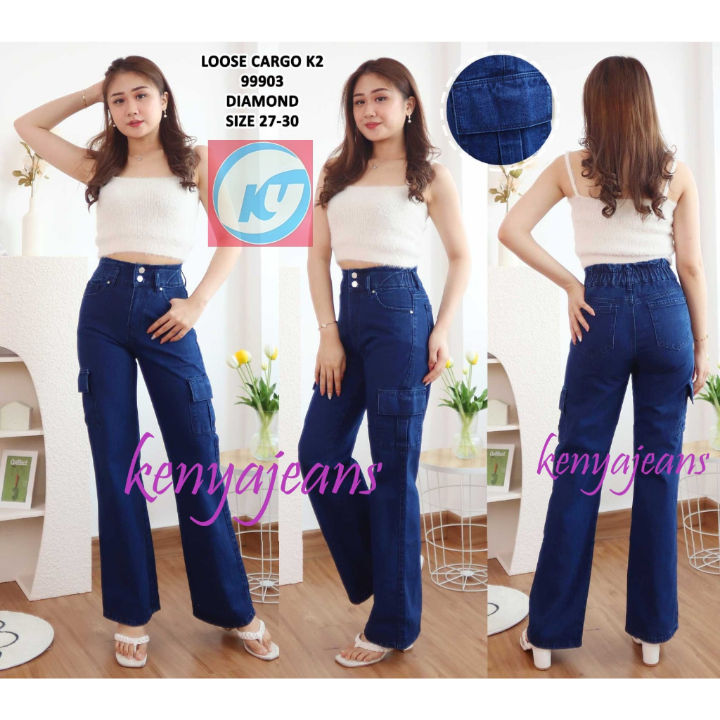 7C-G CARGO LOOSE JEANS PINGGANG KARET PREMIUM ~ BOYFRIEND CARGO ~ CELANA JEANS WANITA KARGO ~ NON STREACH ~ BIRU TUA (DIAMOND) ~ 27-30