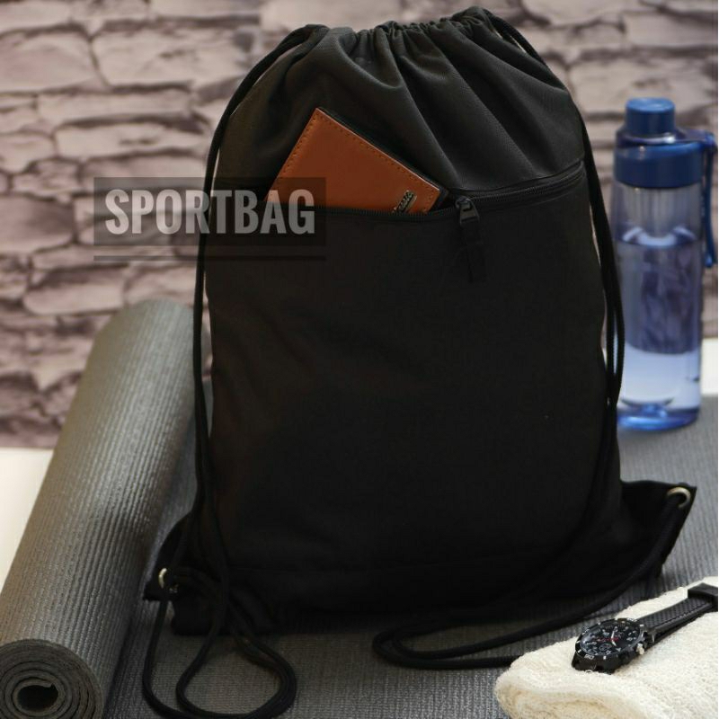 Tas Serut Casual Olahraga Pria Wanita Warna Hitam Polos