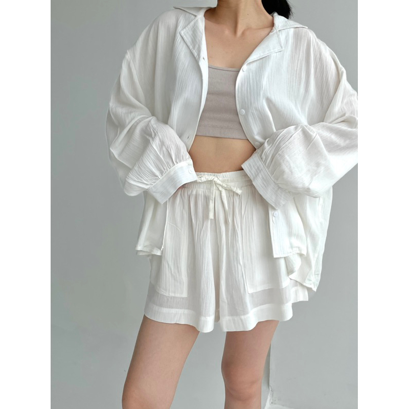 Celi - Carla Set pakaian wanita kemeja setelan crinkle santai celana pendek pink fuschia putih biru 