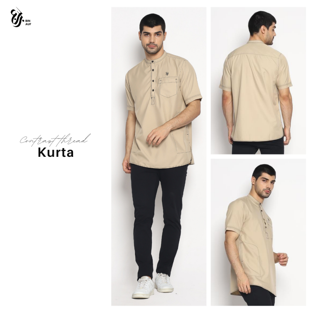 Binauf Kurta Contrast Threads short sleeve / kemeja koko pria lengan pendek