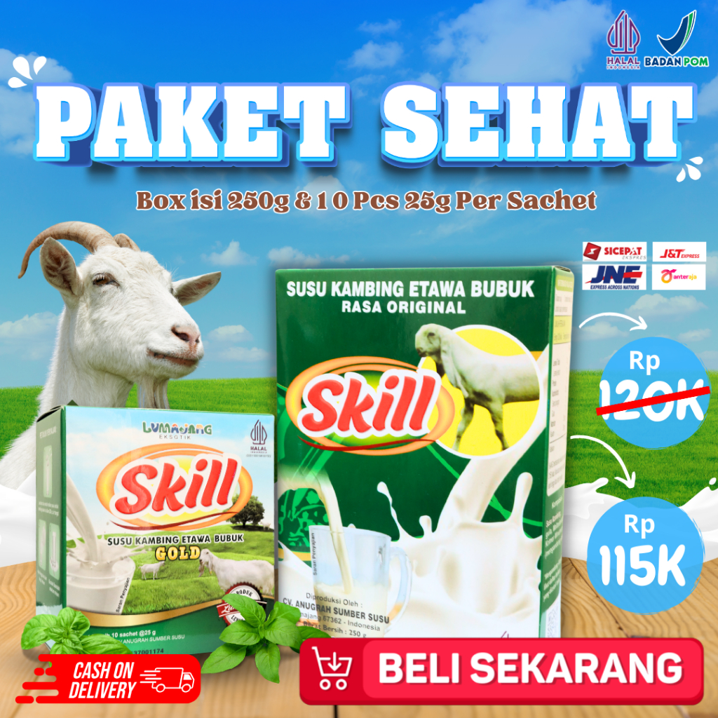 

PAKET SEHAT SUSU SKILL - Susu Kambing Etawa Skill Original Box Isi 250 Gram & 10 Pcs 25g Per Sachet Bukan Etawalin