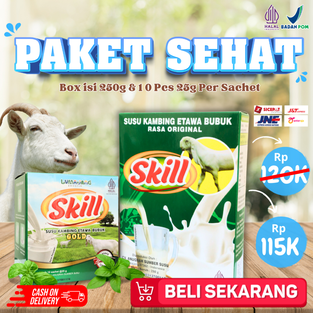 

PAKET SEHAT SUSU SKILL - Susu Kambing Etawa Skill Original Box Isi 250 Gram & 10 Pcs 25g Per Sachet Bukan Etawalin