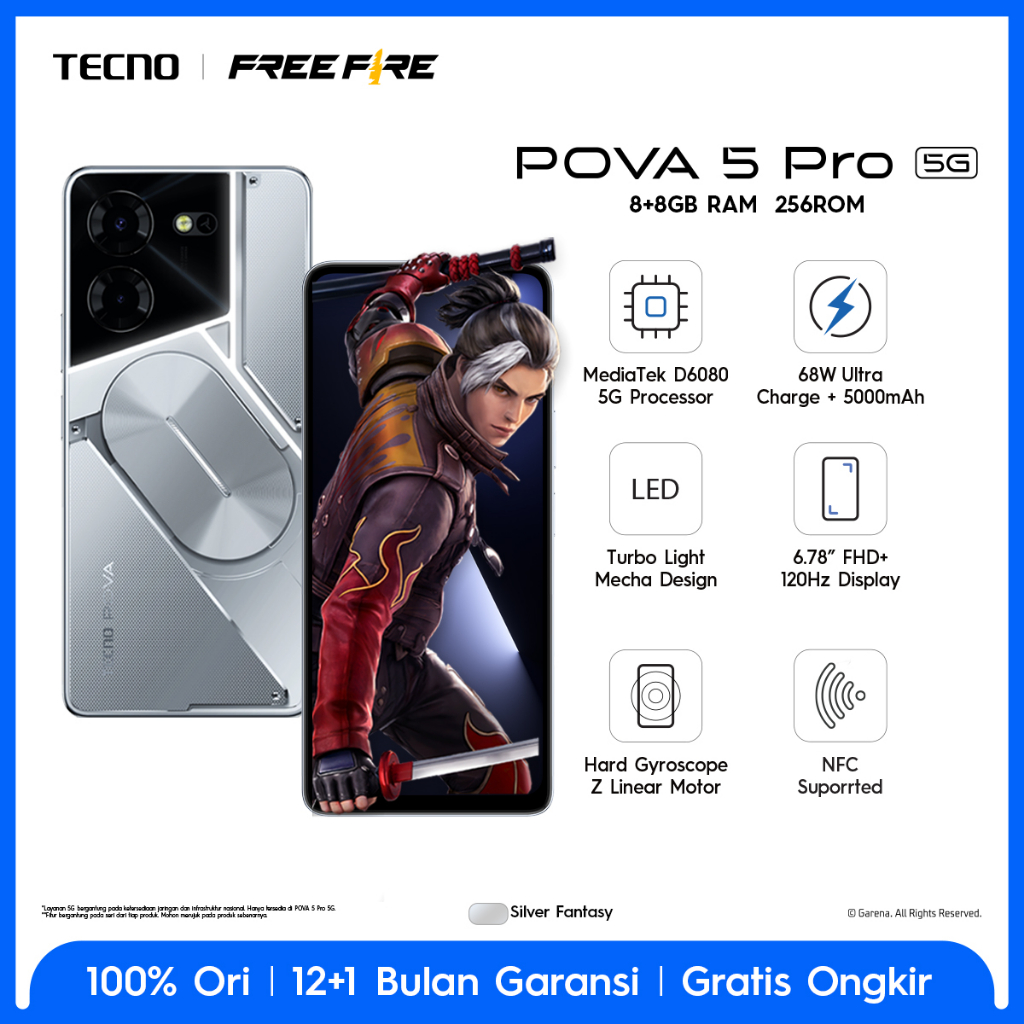 TECNO POVA 5 Pro 5G – Dimensity 6080 5G, 8+8GB*+256GB, 68W Super Fast Charging+5000mAh, 120Hz+6,78
