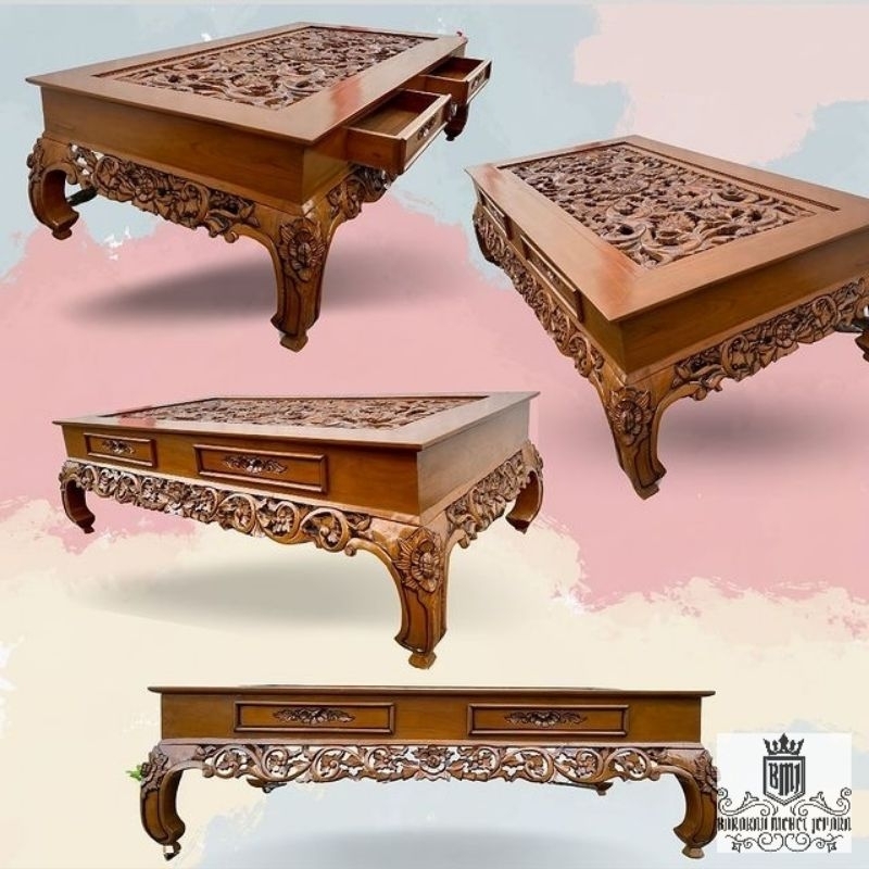 meja tamu Ketapang laci jati ukir / meja ukir Ketapang jati / meja Ketapang jati 120 x 60 / meja kop