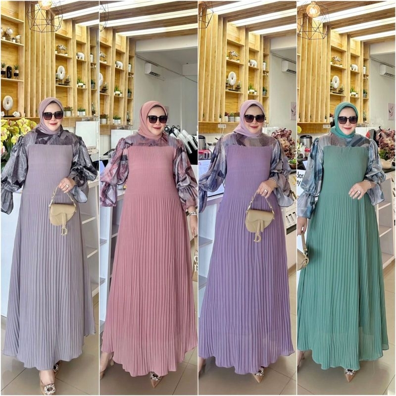 Gamis Ceruty Babydoll Premium Kombinasi Armani Silk | Gamis Plisket Motif Printing Elegan