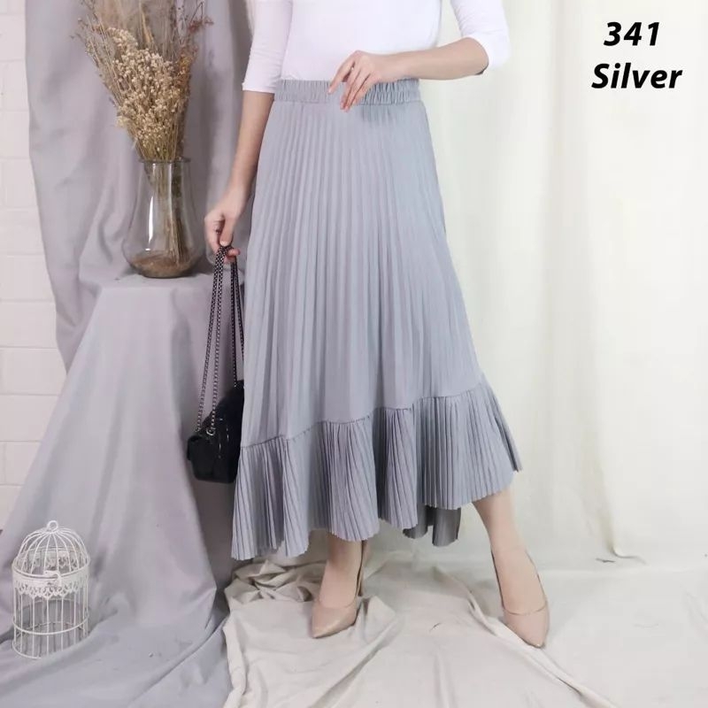 Rok Plisket Premium /Asimetris Hitam-Silver-Navy-Coklat/ Rok Wanita / Rok Plisket / Rok Style / Rok 