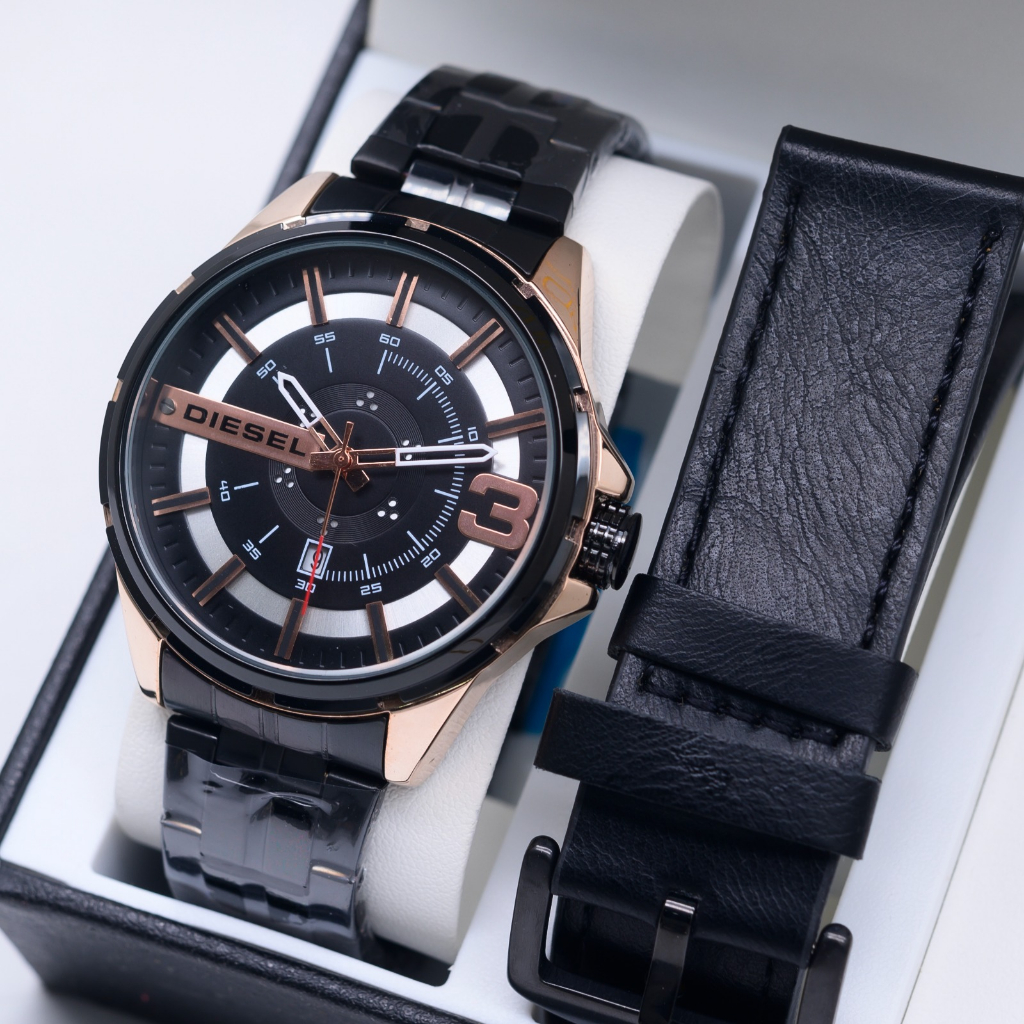 Promo Jam Tangan Pria Diesel Rantai Body Bulat Tanggal Aktif Free Tali Kulit Box & Baterai ( BISA CO