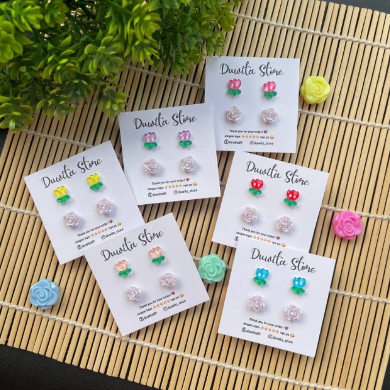 HANDMADE ANTING TUSUK PLASTIK ANAK/DEWASA MOTIF TULIP-MAWAR PURPLE (BUNDLE)