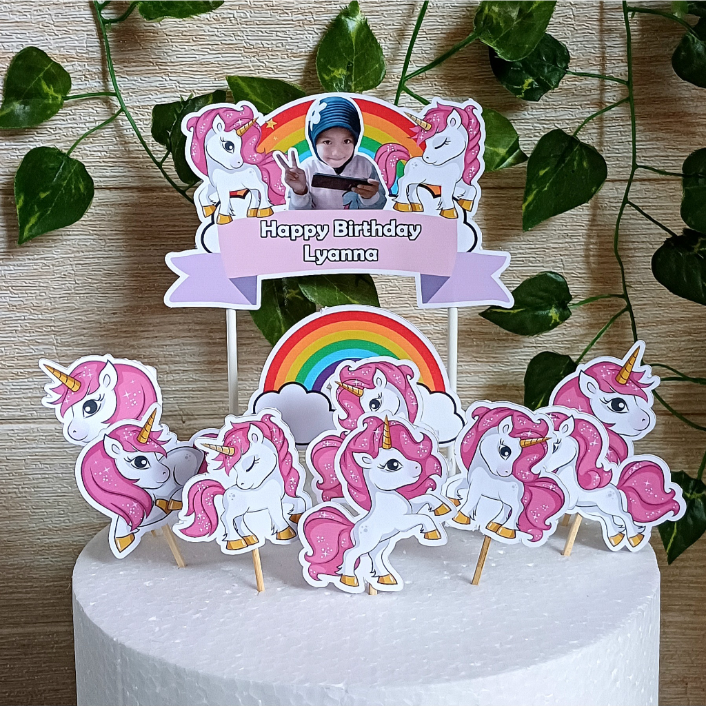 Topper Cake Unicorn (Custom Foto / Nama) untuk Dekorasi / Hiasan Kue Ulangtahun / Ultah Anak Karakte