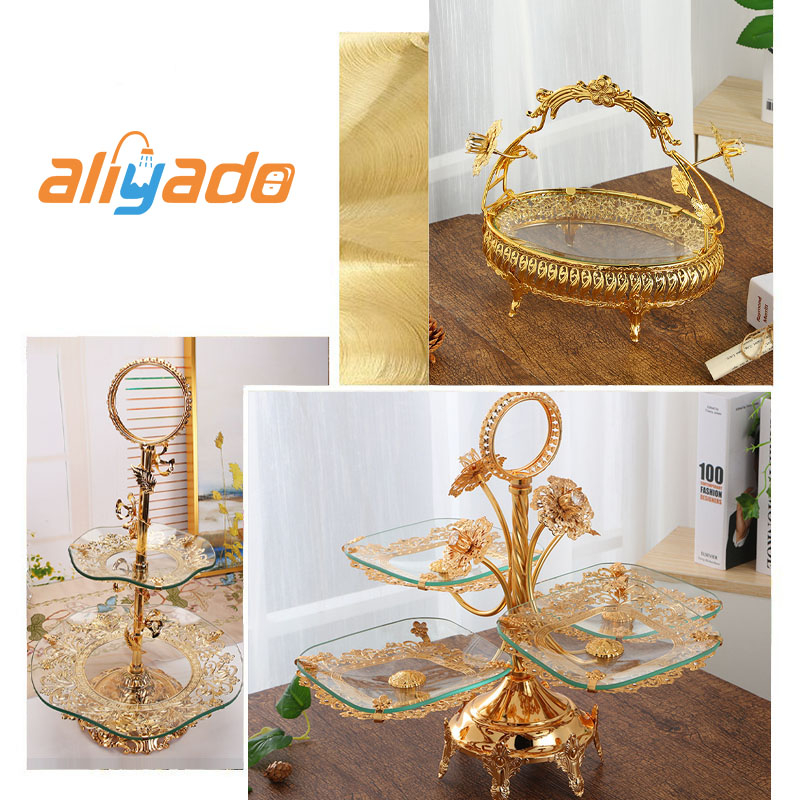 ✅Aman✅Nampan Estetik Mewah Ornamental Fruit Plate Golden Dining Room Dessert Fruit 4/2/1 Lantai Wedding Home Jewelry Display Piring dan Nampan Modern Camilan Permen kue Mangkuk Makanan bagus