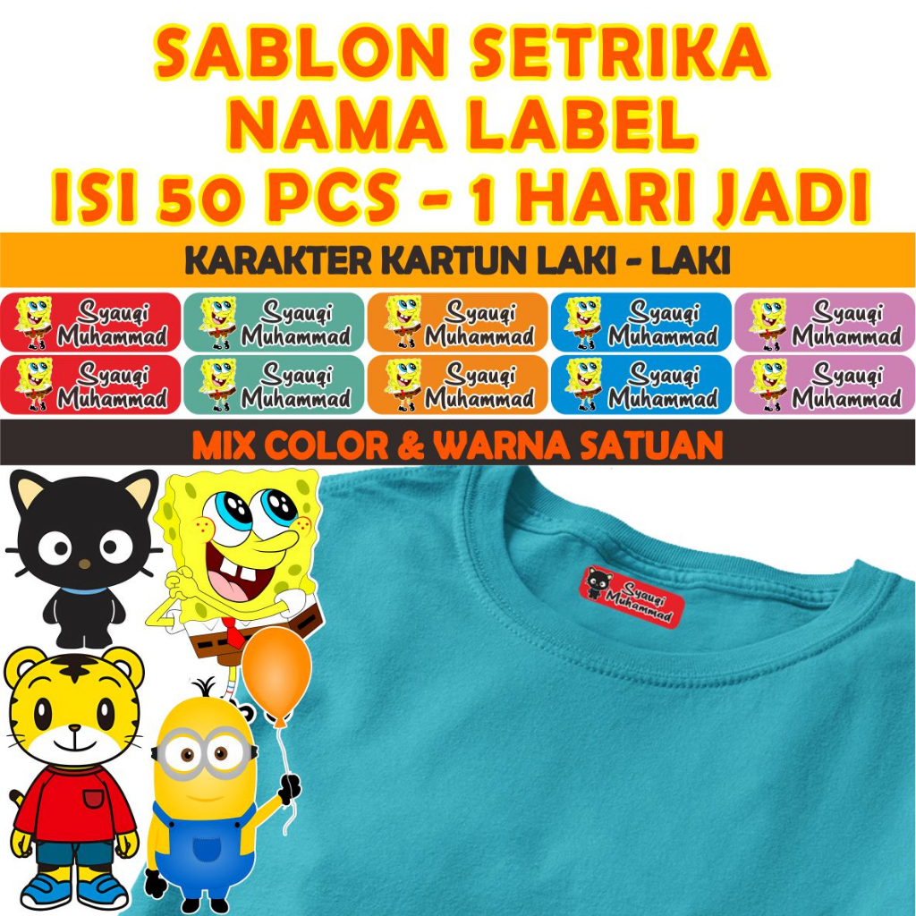 

STICKER NAMA BAJU KAOS LABEL KAIN SABLON SETRIKA NAMA KARAKTER KARTUN ANAK NAMA CUSTOM ISI 50 PCS ANTI LUNTUR