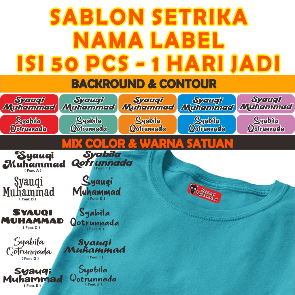 

STICKER STIKER LABEL NAMA KAIN BAJU KAOS SETRIKA SABLON SETRIKA DTF ONLY NAMA TANPA KARAKTER BISA CUSTOM ISI 50 PCS BAJU KAOS PRINT ANTI LUNTUR