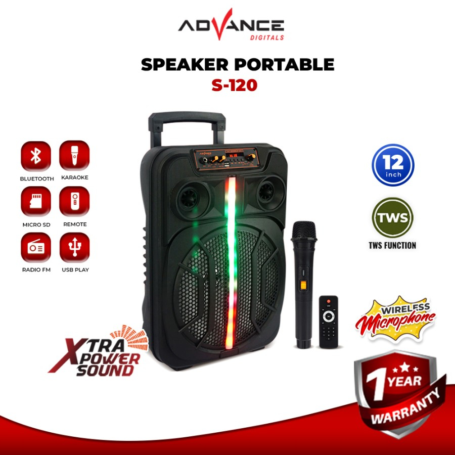 Speaker Bluetooth Portable Advance 12 Inch S-120 Bonus Mic Wireless Karaoke Super Bass / Speaker Mee