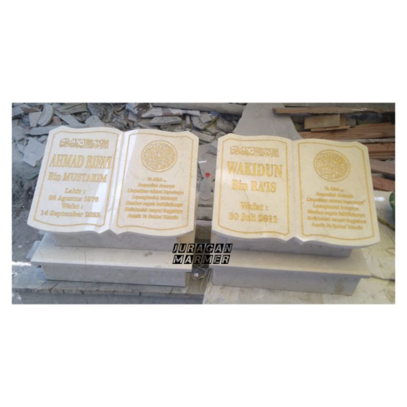Maesan Nisan Batu Marmer Putih Model Buku + Tulisan Ukir