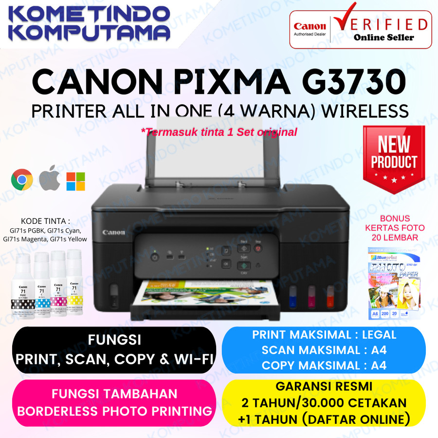 G3730 BLACK Printer Canon PIXMA GI-71S G-3730 Print Scan Copy Wi-Fi - TINTA ORIGINAL 100% GARANSI RE