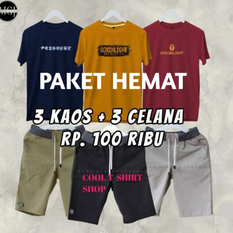 PROMOPAKET 100 RIBU DAPAT 3 Kaos + 3 Celana Chinos Pendek
