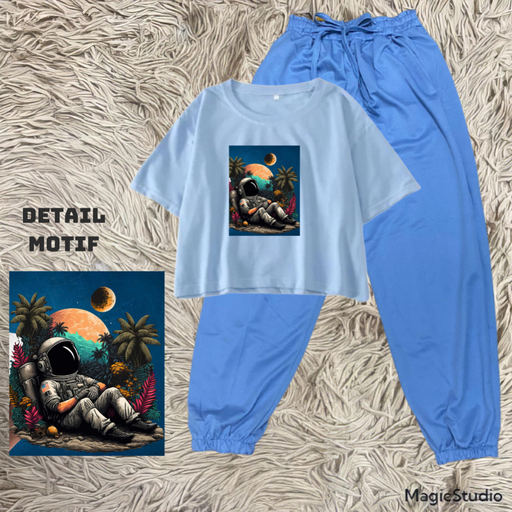 JBF One Set Baju Remaja Kekinian Setelan Joger Supernova Dan Crop Top Astronot Relax