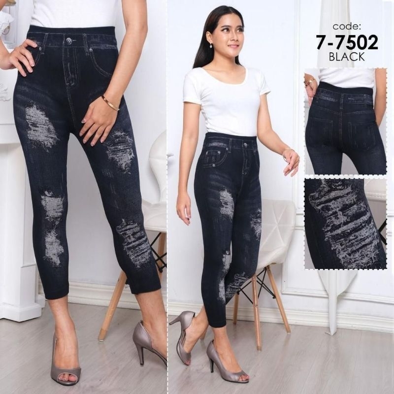 legging jeans HW 7/8 tebal motif sobek celana kasual wanita 7/8