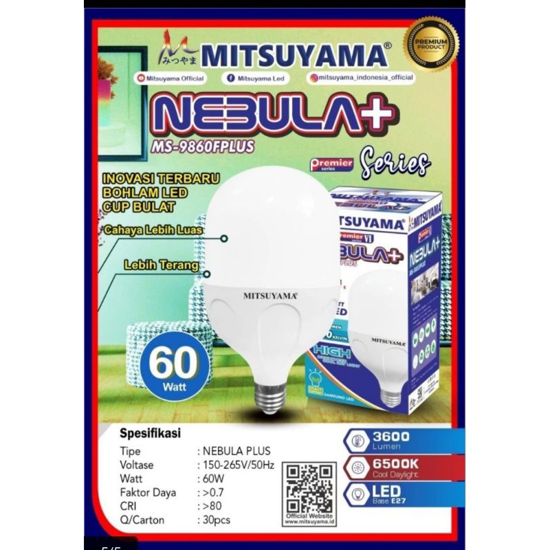 bohlam LED mitsuyama Nebula plus MS-9860 plus lampu 60watt
