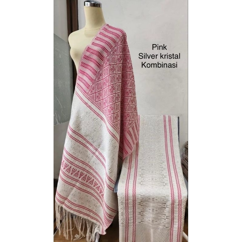 Songket Tumtuman Tanpa Sambungan Kombinasi Warna Pink Silver
