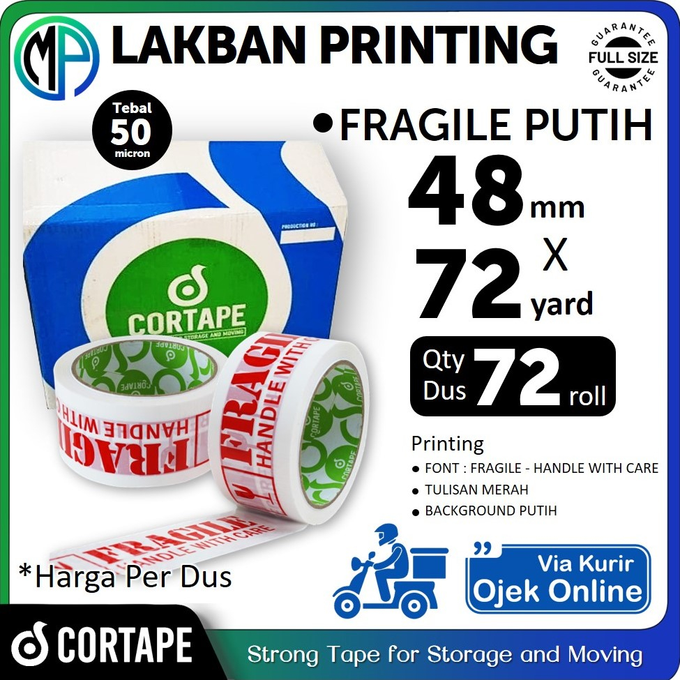 Lakban Selotip Grosir Cortape Printing Fragile Putih 2inch - 45mm x 72yard HARGA PER-DUS (VIA GOJEK)