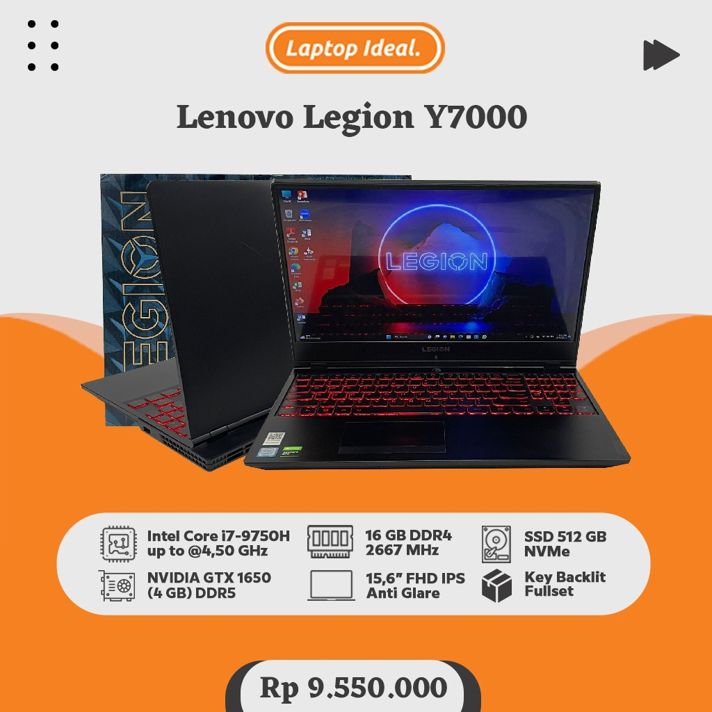 Lenovo Legion Y7000 (2019) GAMING i7 gen 9 RAM 16 GB SSD 512 GB GTX 1650 4GB FHD 144Hz BACKLIT MULUS