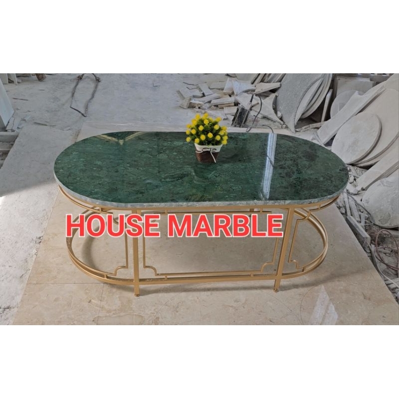 meja besi tamu marmer hijau oval 120x60
