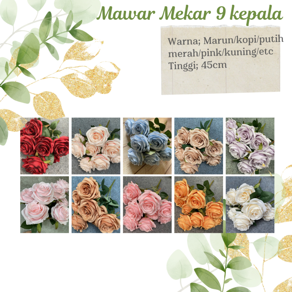 Bunga Artificial Premium Bunga Mawar Holland Mekar kepala 9 (cabang 9)