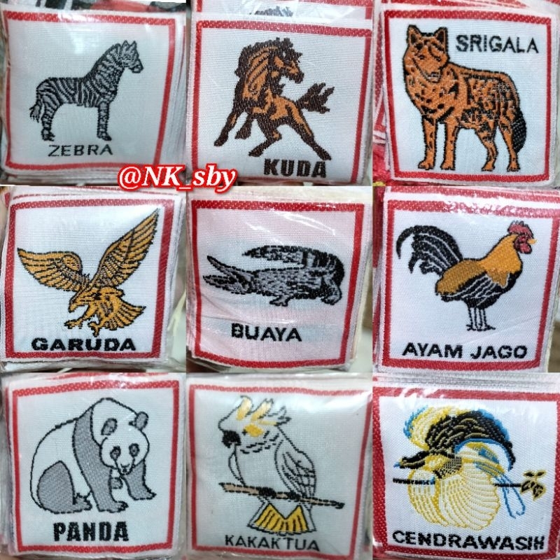 ( 1 Paket = isi 10 Bet + 1 Bendera Regu )REGU PRAMUKA Nama² HEWAN ( WOVEN )