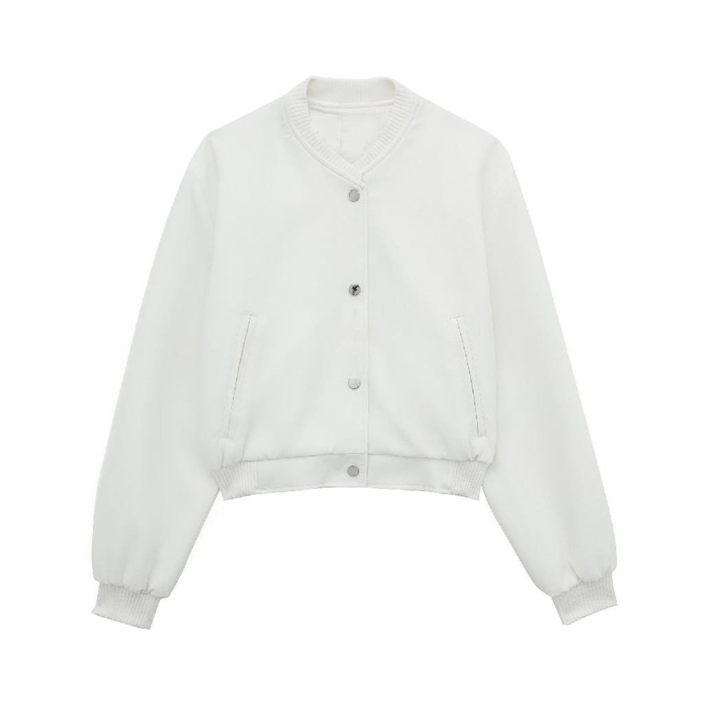 Jaket Bomber Wanita Polos Warna Putih White Autumn Korean Basic Bomber Jacket
